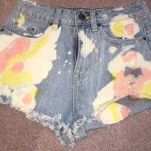 High waisted denim paint splatter shorts